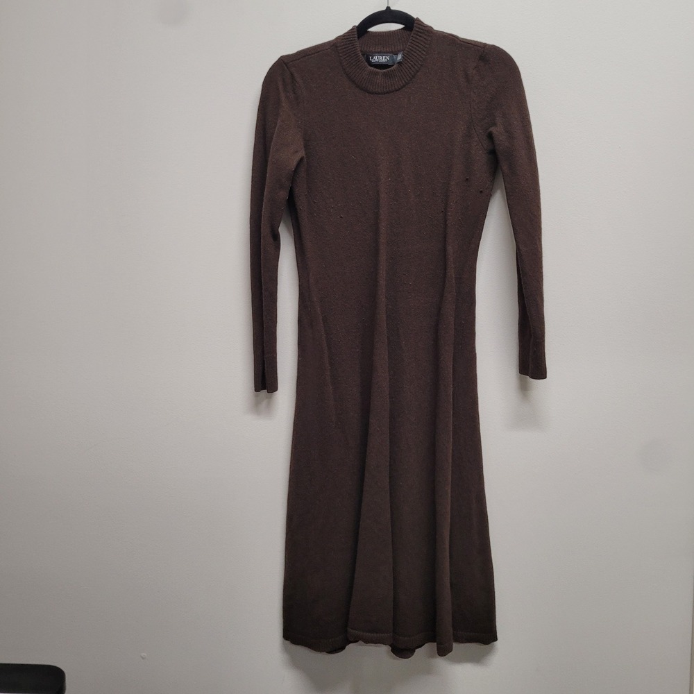 Lauren Ralph Lauren Brown Wool Blend Midi Sweater Dress Long Sleeve Crew Neck L